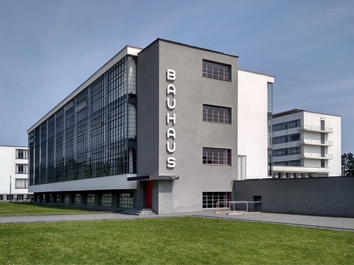 The Bauhaus building in Dessau, with the vertical BAUHAUS lettering and the glass workshop wing