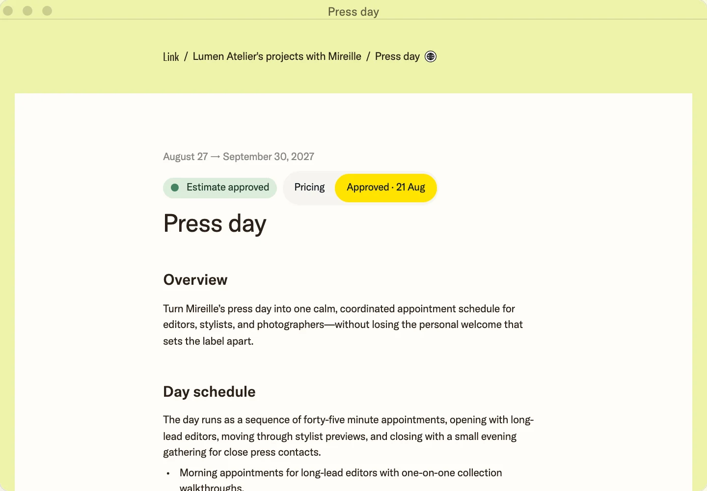 A project page in Link with its estimate approved